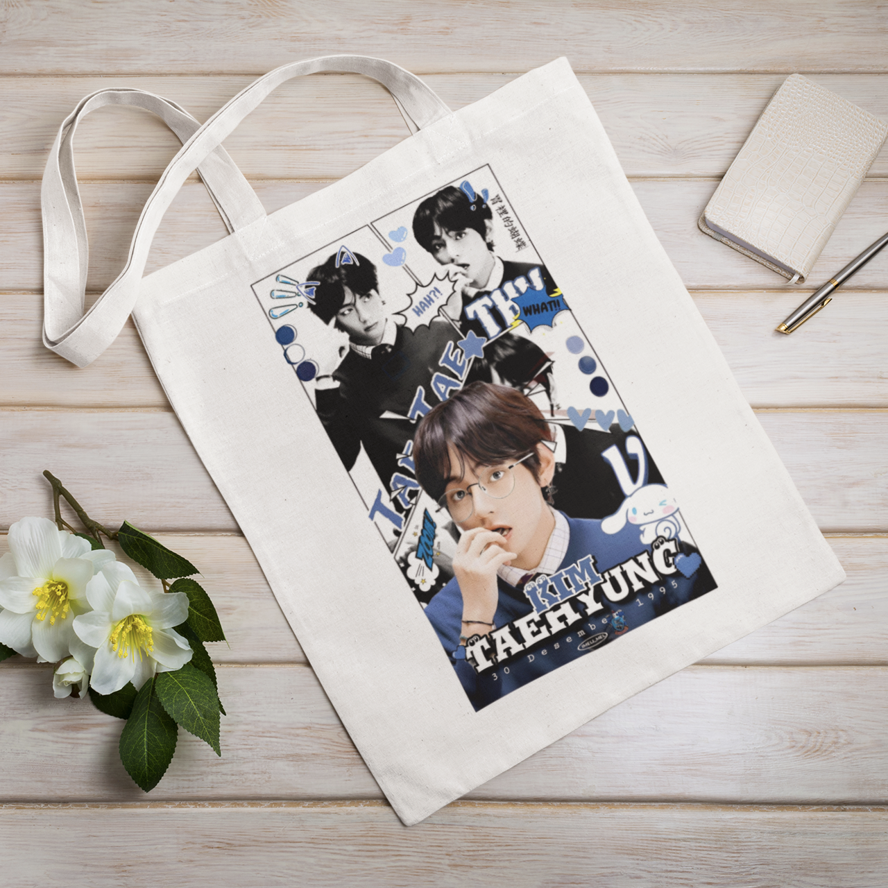 BTS Kim Taehyung Themed White Zipper Tote bag