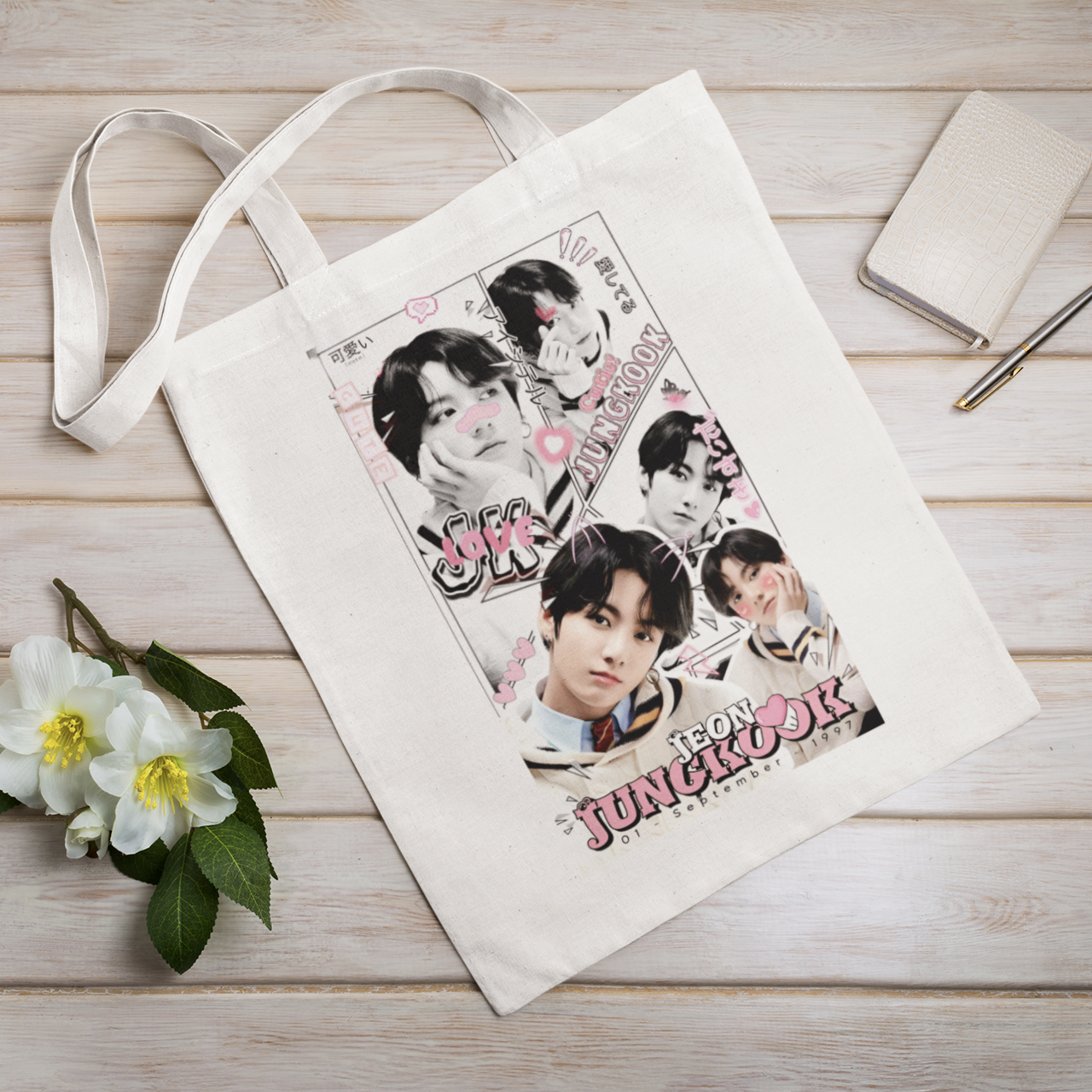 BTS Jungkook Themed White Zipper Tote bag