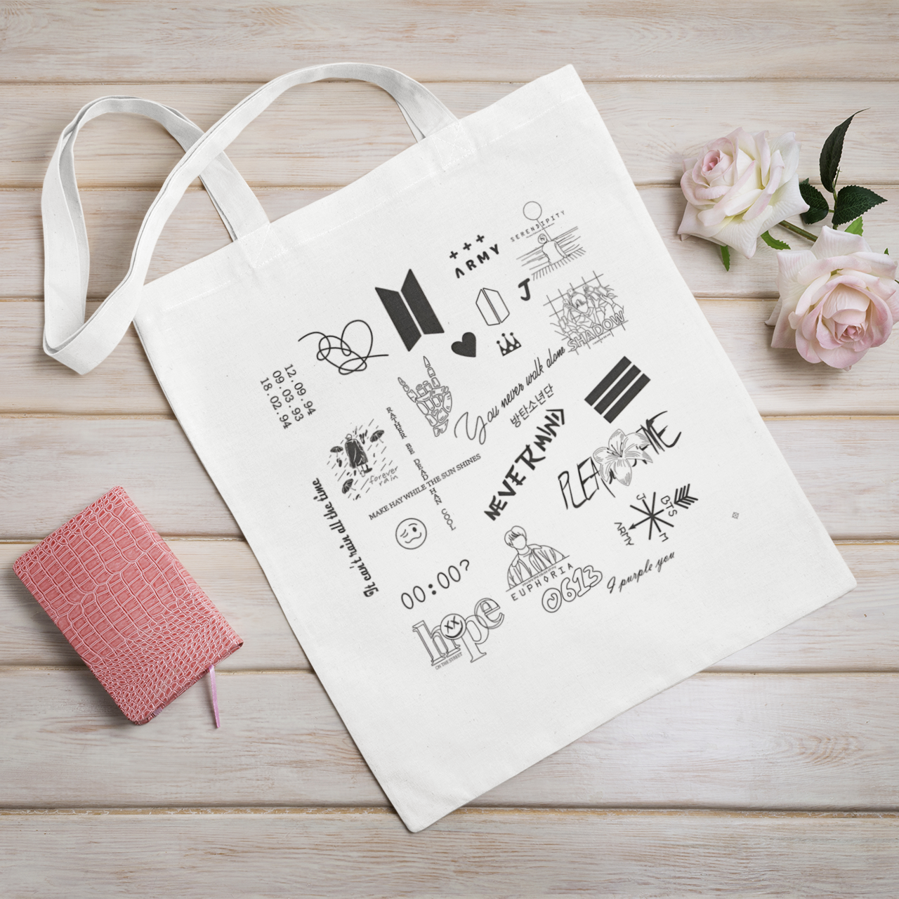 BTS Doodle design, White Zipper Tote bag