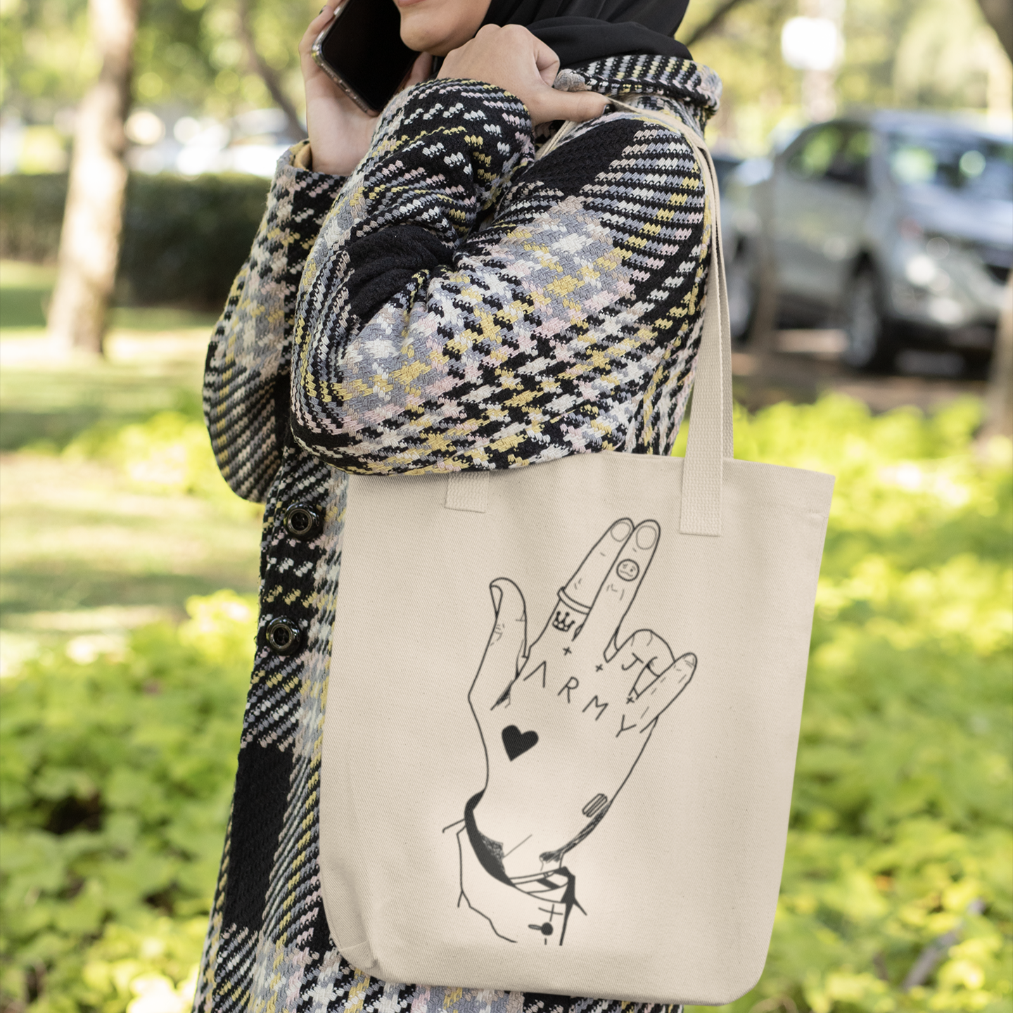 BTS Army design White Zipper Tote bag