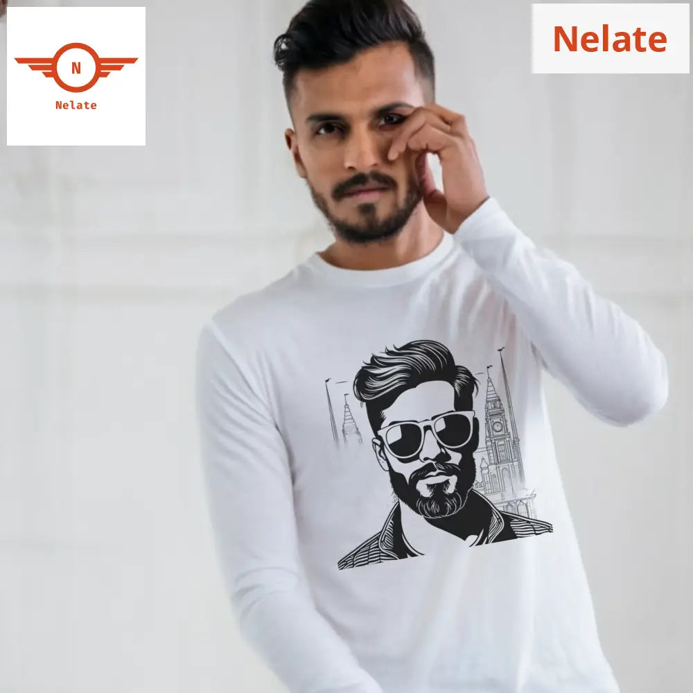 Bearded Men Full Sleeves White T-Shirt