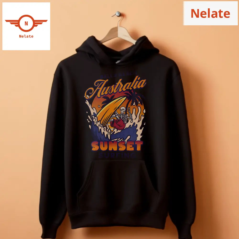 Bells Beach Australia Sunset Surfing - Exclusive Black Hoodie For Men