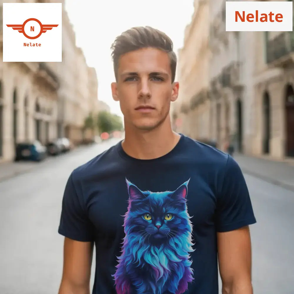 Black Cat Neon Blue Theme Navy T-Shirt