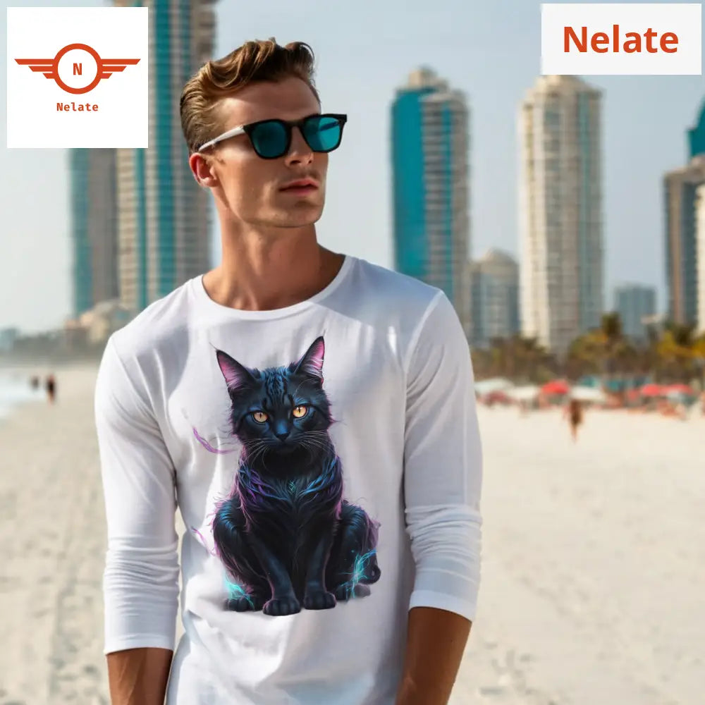 Black Cat Theme Full Sleeves White T-Shirt