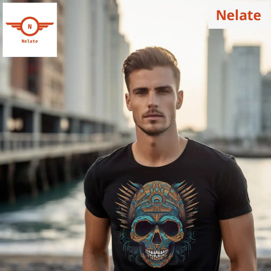 Blue And Golden Skull- Black T-Shirt