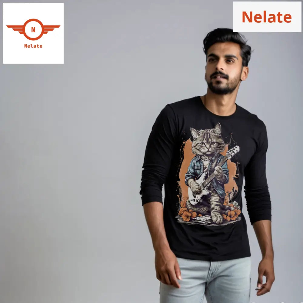 Cat With Guitar Full Sleeves Black T-Shirt