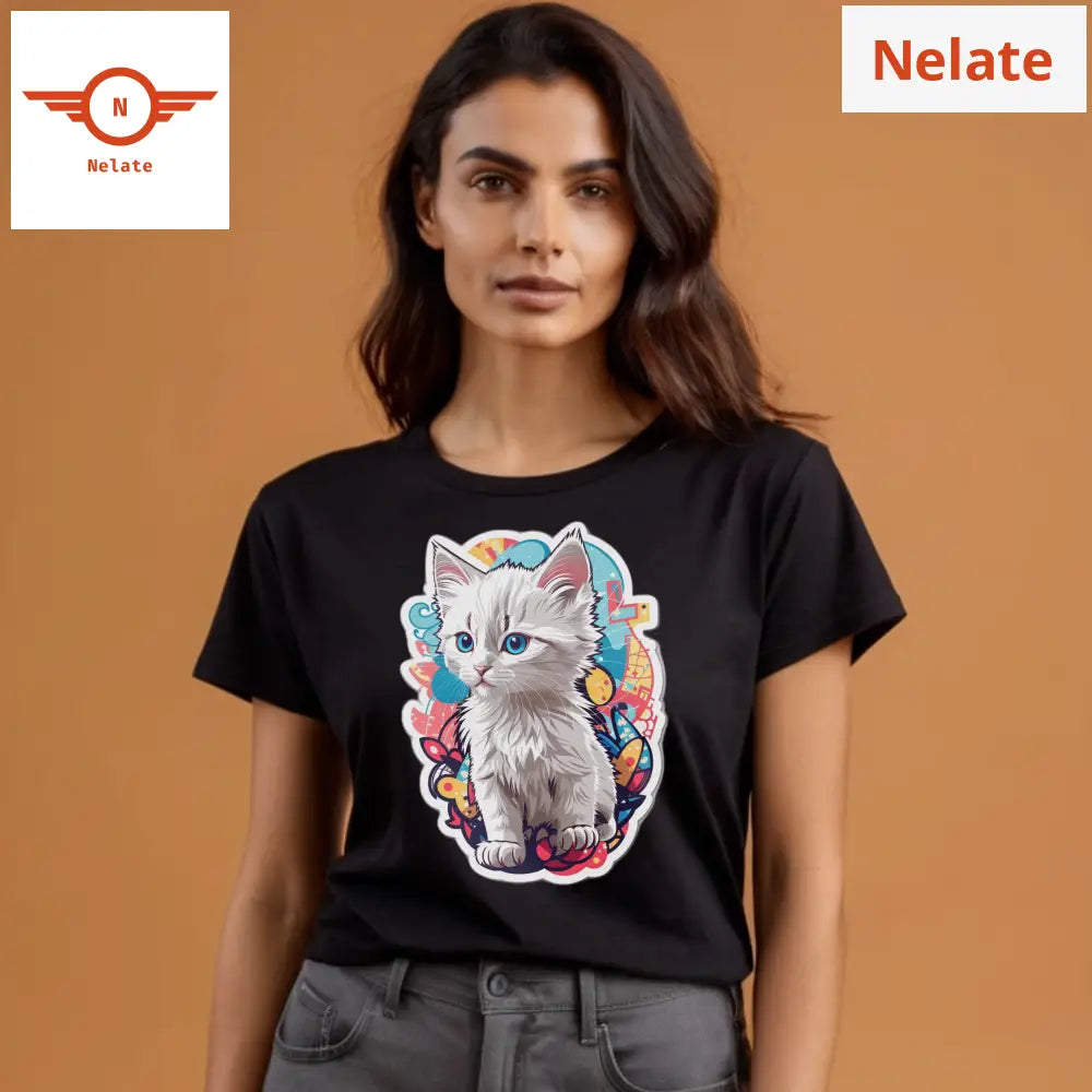 Cute White Kitten Printed Black T-Shirt