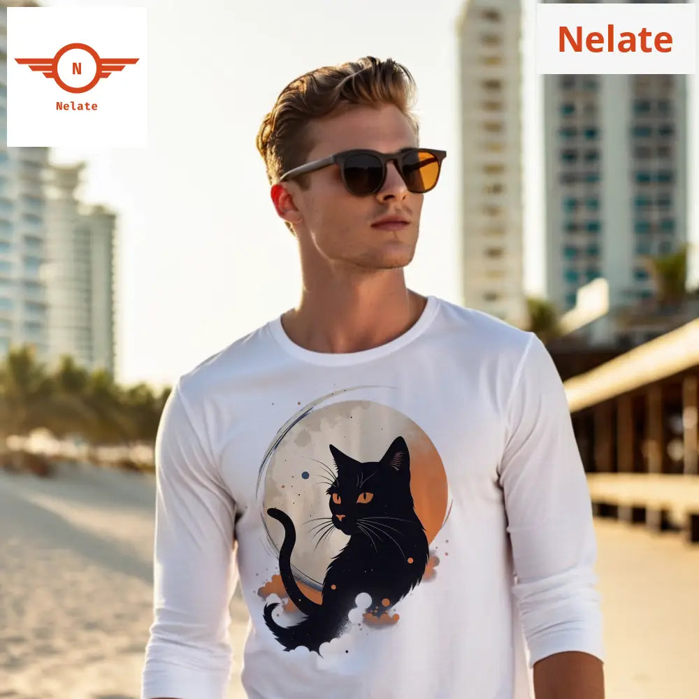 Dark Theme Black Cat Full Sleeves White T-Shirt
