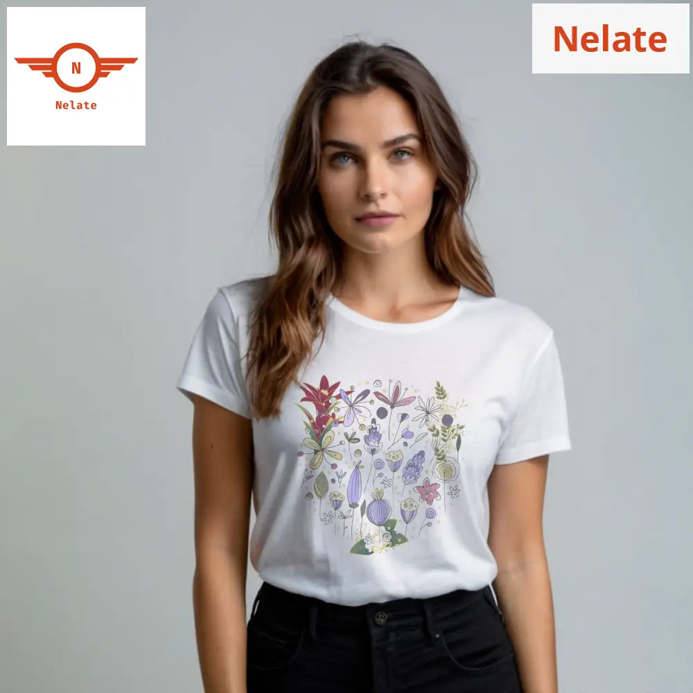 Floral Theme Womens White T-Shirt