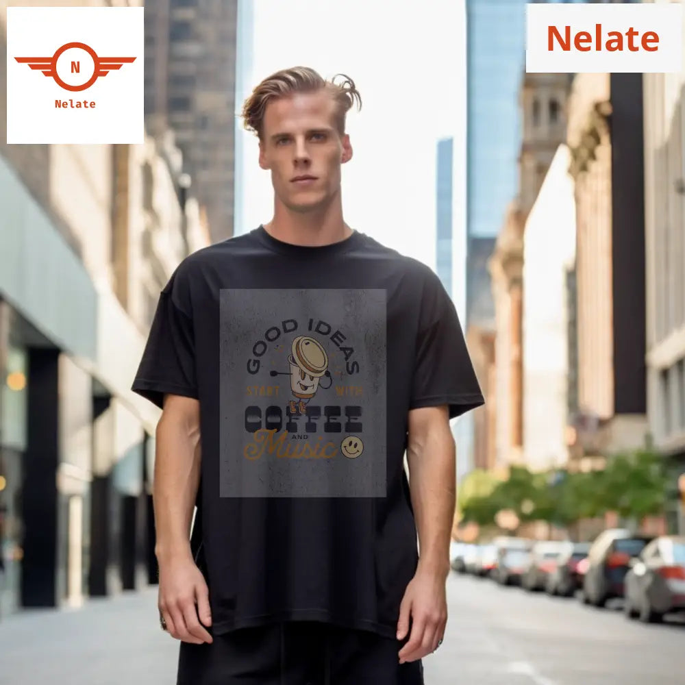 Good Coffee & Music - Cartoon Black Oversized T-Shirt