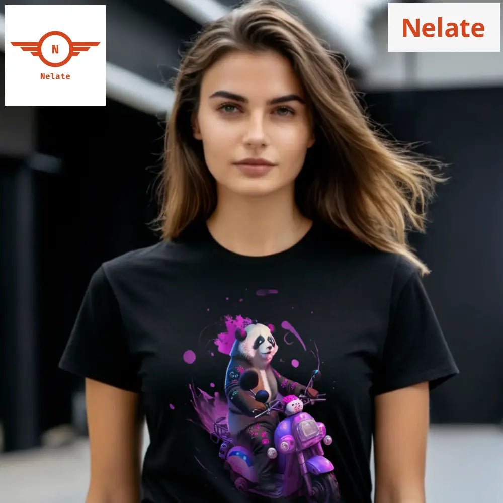 Panda In Scooter Purple Theme Black T-Shirt