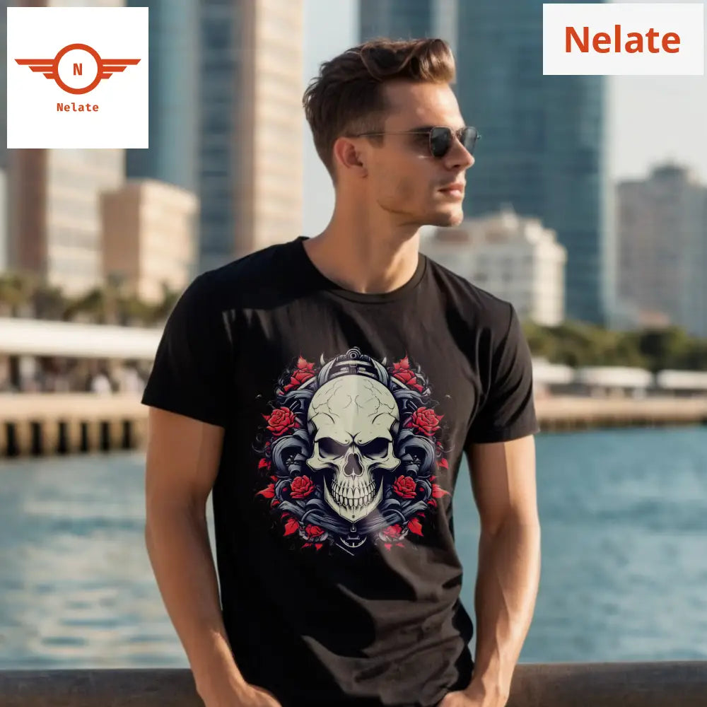 Rose Theme Skull- Black T-Shirt