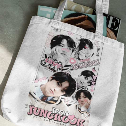 BTS Jungkook Themed White Zipper Tote bag