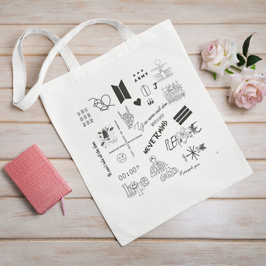BTS Doodle design, White Zipper Tote bag