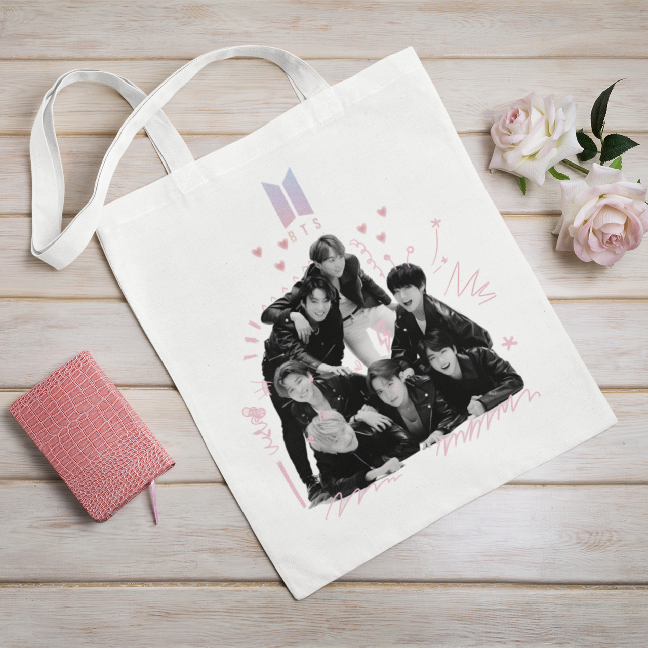 BTS White Zipper Tote bag