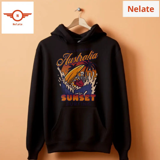 Bells Beach Australia Sunset Surfing - Exclusive Black Hoodie For Men