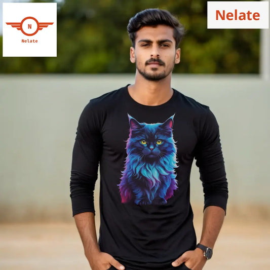 Black And Purple Neon Cat Black Full Sleeves