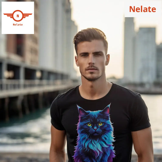 Black Cat Neon Blue Theme T-Shirt
