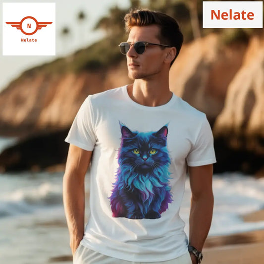 Black Cat Neon Blue Theme White T-Shirt