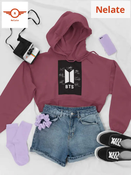Bts All Members Signature Printed Crop Hoodie