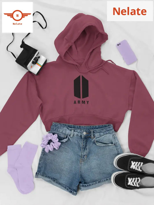 Bts Army Logo Printed Crop Hoodie