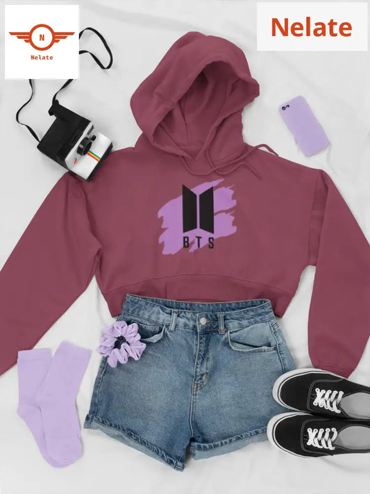 Bts Logo Printed Crop Hoodie