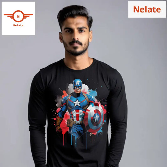 Captain America Theme Full Sleeves Black T-Shirt