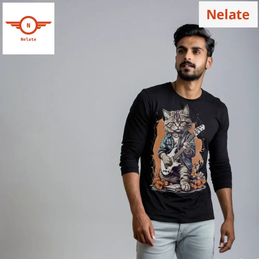 Cat With Guitar Full Sleeves Black T-Shirt