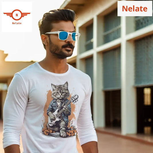 Cat With Guitar Full Sleeves White T-Shirt