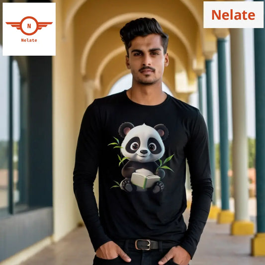 Cute Panda Theme Full Sleeves Black T-Shirt