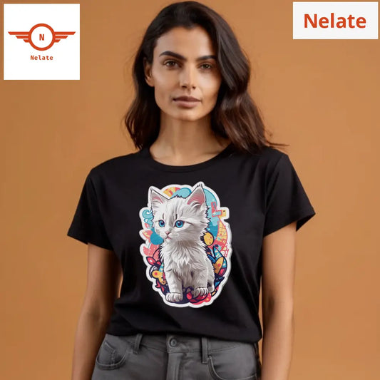 Cute White Kitten Printed Black T-Shirt