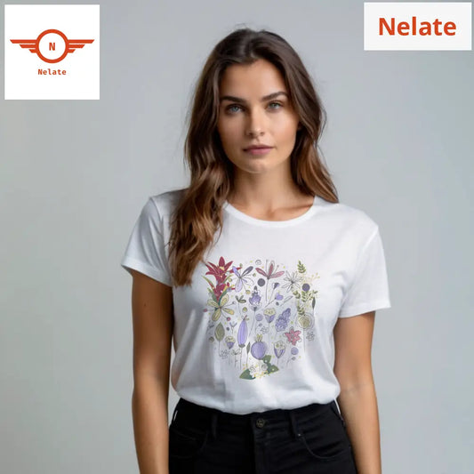 Floral Theme Womens White T-Shirt