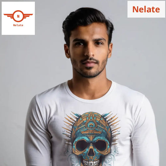Golden And Blue Skull Full Sleeves White T-Shirt