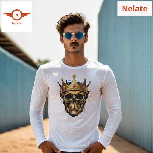 Golden Skull King Full Sleeves White T-Shirt