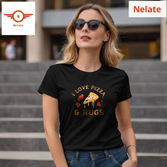 ’Love Pizza And Hugs’ Women’s Black T-Shirt