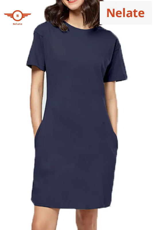 Nelate High Quality Navy Blue T-Shirt Dress