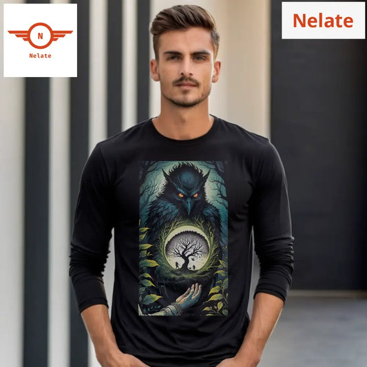 Night Crow Theme Full Sleeves Black T-Shirt