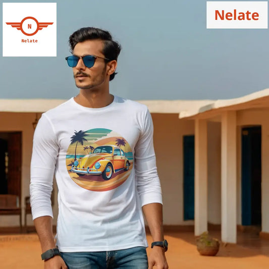 Orange Vector Car Full Sleeves White T-Shirt