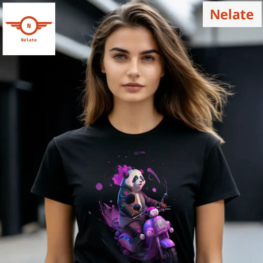 Panda In Scooter Purple Theme Black T-Shirt
