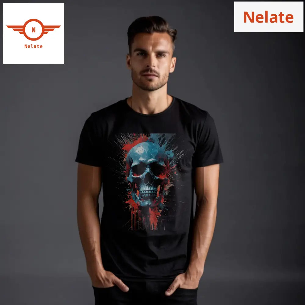 Red And Blue Color Splash Skull- Black T-Shirt