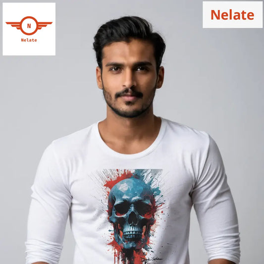 Red And Blue Splash Skull Full Sleeves White T-Shirt