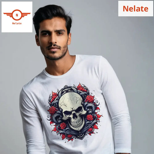 Rose Covered White Skull Full Sleeves T-Shirt