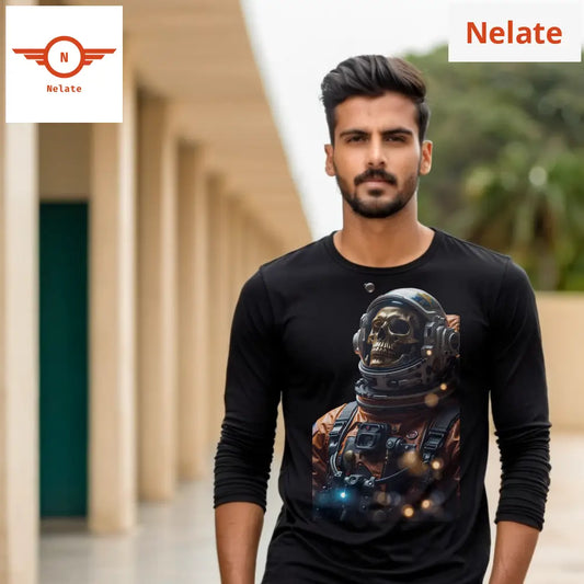 Skeleton Astronaut Theme Full Sleeves Black T-Shirt