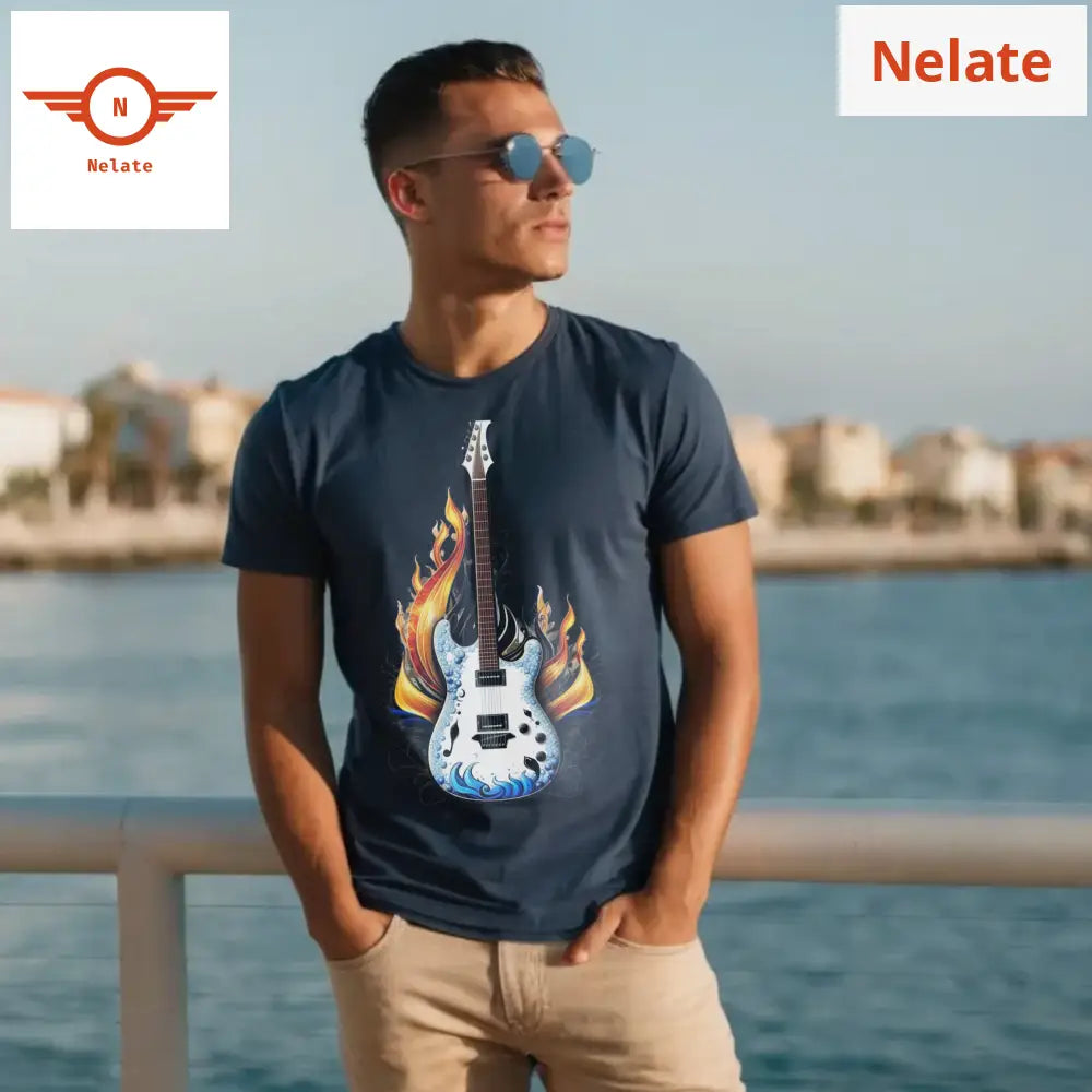 White And Blue Themed Guitar - Navy Blue T-Shirt