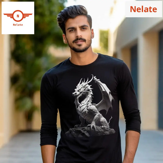 White Dragon Theme Full Sleeves Black T-Shirt