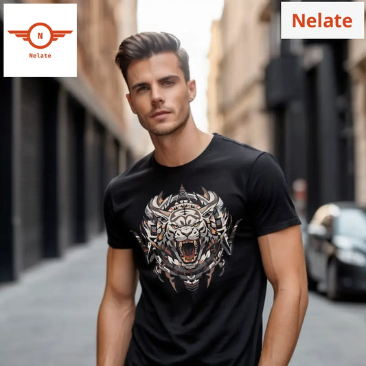 White Furious Tiger Logo Design Black T-Shirt