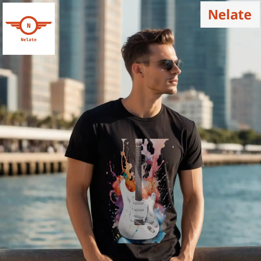 White Guitar Color Splash Black T-Shirt