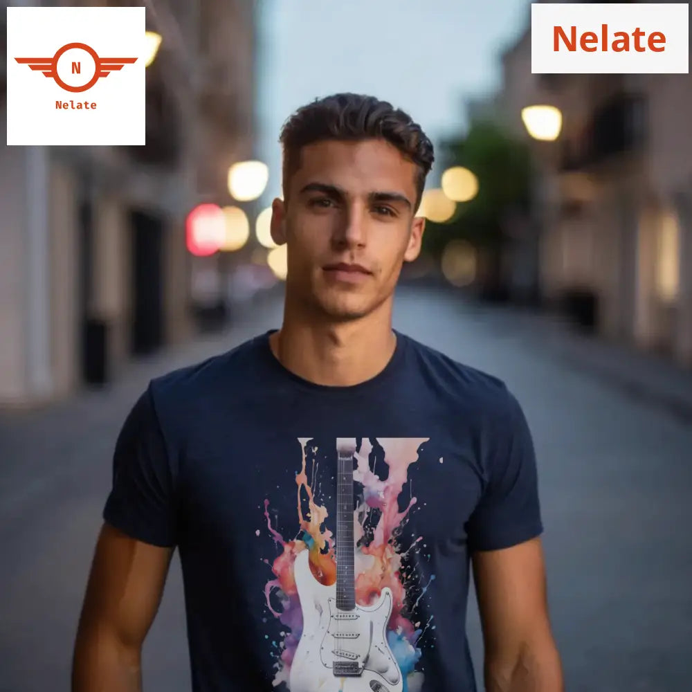 White Guitar Color Splash Navy Blue T-Shirt
