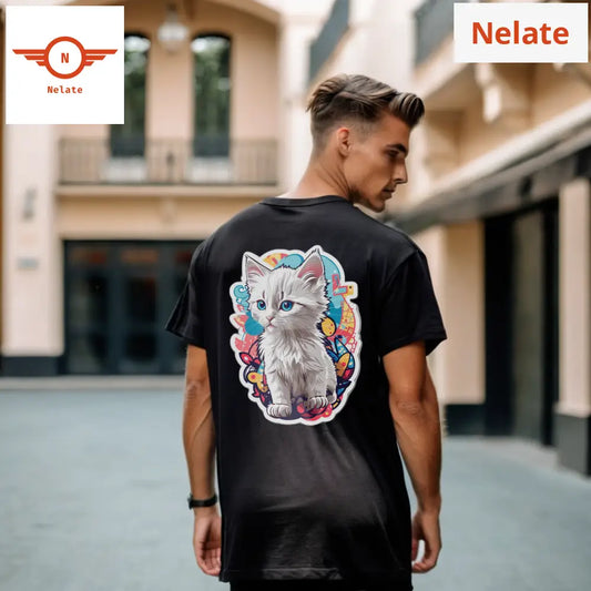 White Kitten Theme Black Oversized T-Shirt